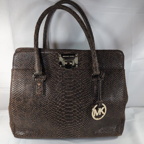 Michael Kors Handbag Purse Astrid 35F4GARS3D Leather Brown Gold Snake Python - Picture 1 of 16